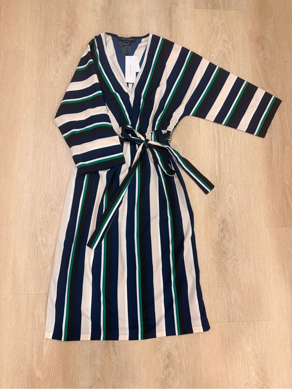French Connection Navy, Cream & Green Striped Midi Dress